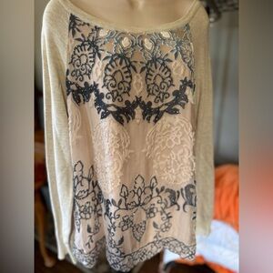 Embellished Beige & Blue Sheer over Beige Cotton Women's Long Sleeve Top